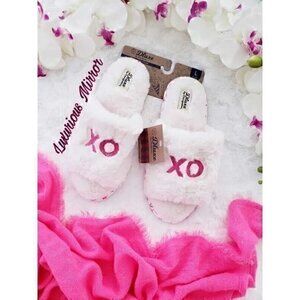 Dluxe Dearfoams Slip-On Plush XO Slippers L (9/10) Ivory Pink Womens New